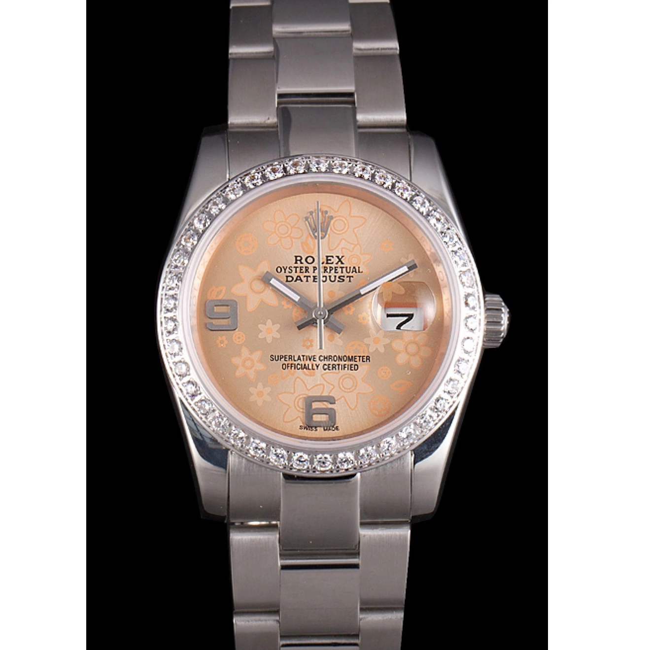Aaa replica watch Steel Datejust Stainless Plated Orange Rolex Flowers Dial Diamond Polished 0702